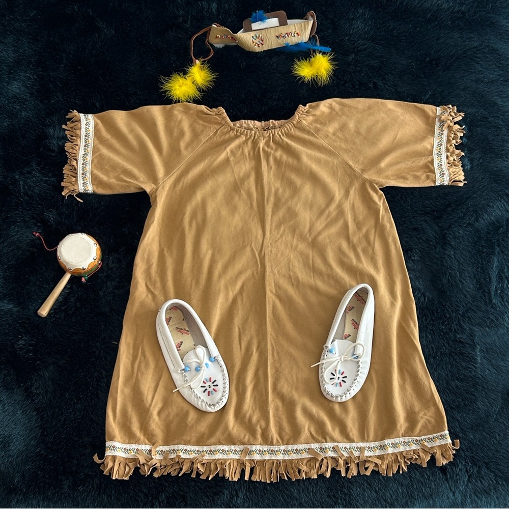 Tan Fringe Dress with White Moccasins